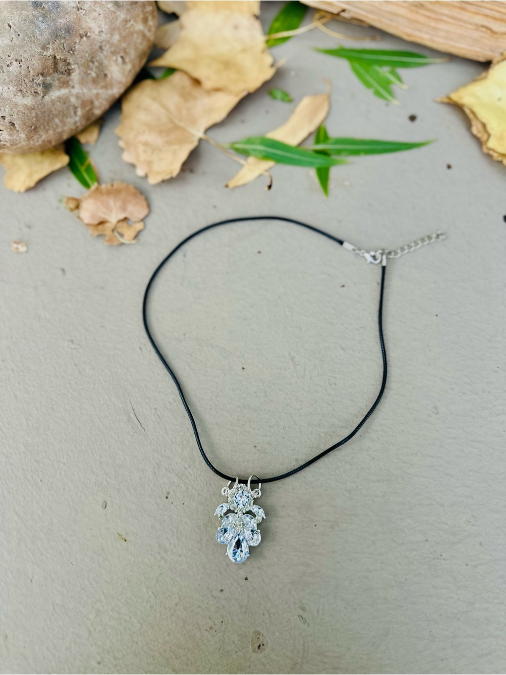 Sparkling Clear Crystal Pendant Necklace - Black Cord - Picture 2 of 2